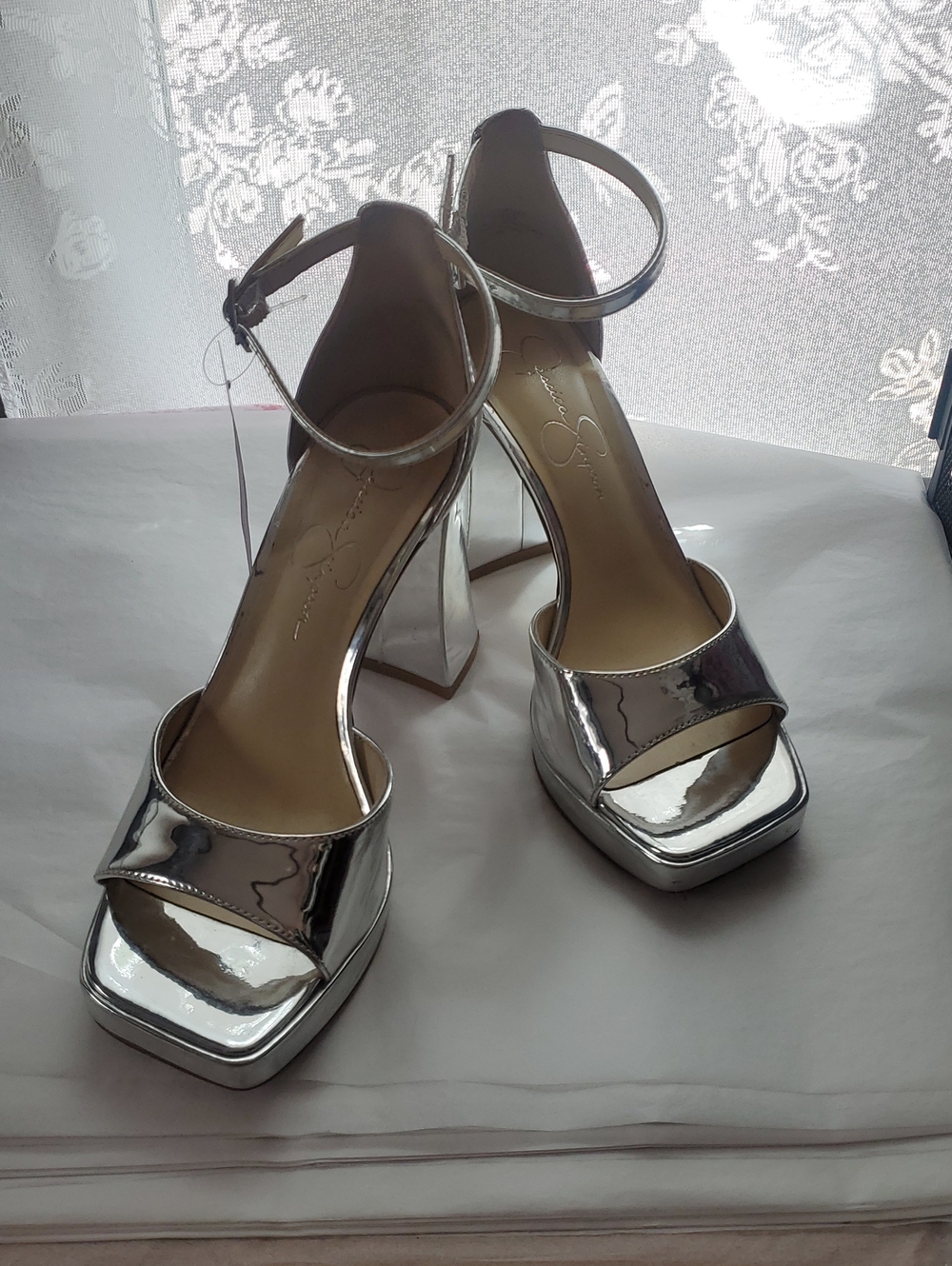 Jessica Simpson Silver Ankle-Strap Platform Heels - Size 8M